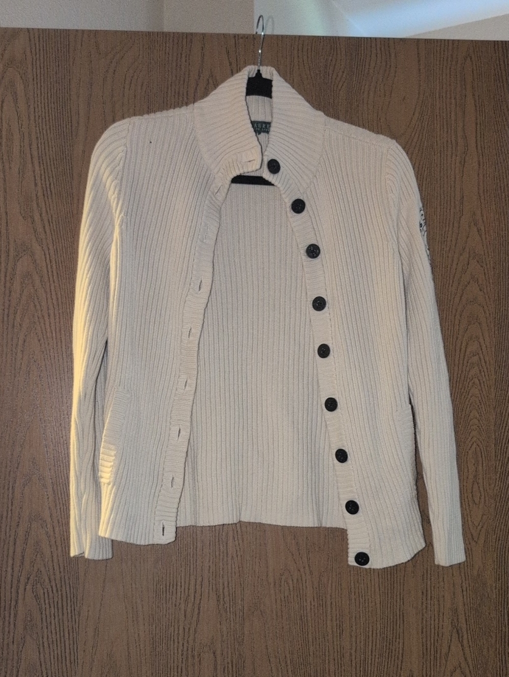 Lauren Ralph Lauren Cream Ribbed Asymmetrical Button Cardigan